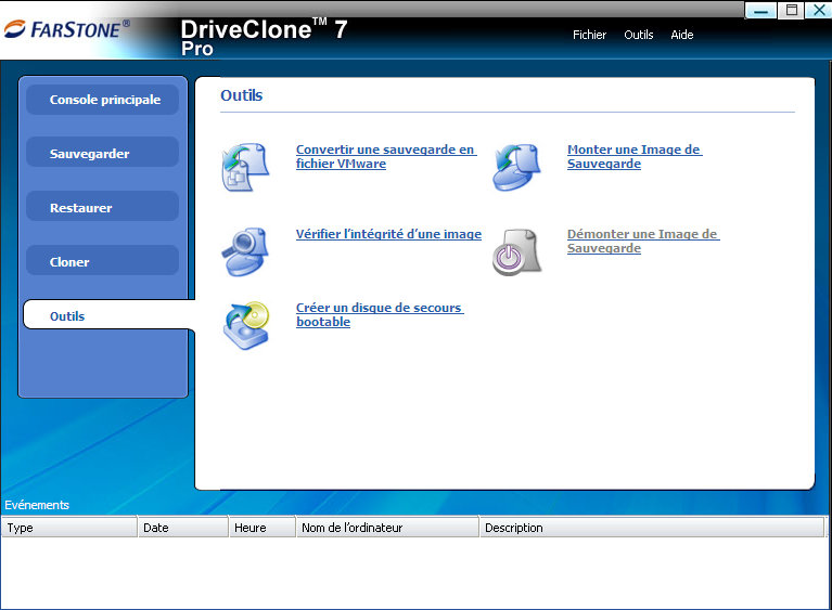 Menu Outils : convertir une sauvegarde ou créer un disque de secours bootable