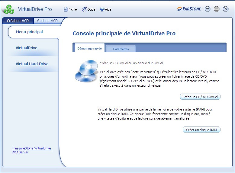 Menu principal : créez un CD/DVD virtuel ou un disque RAM.