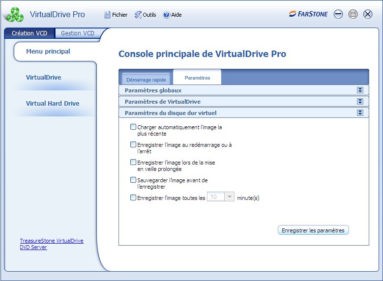 Menu principal : enregistrez vos paramètres.