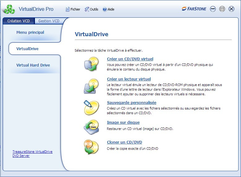 VirtualDrive : sélectionnez la tâche que vous souhaitez effectuer.