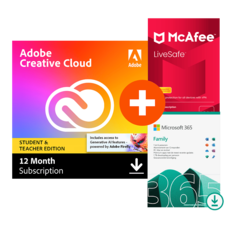 Pack Adobe Creative Cloud - Tutte le applicazioni - Studenti e docenti + Microsoft 365 Family + McAfee LiveSafe - numero di dispositivi illimitato - 1 anno