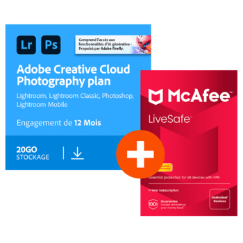 Pack Adobe Photoshop + Lightroom (Creative Cloud Photo 20 Go) + McAfee LiveSafe