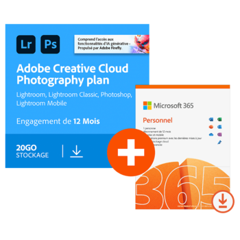 Pack Adobe Photoshop + Lightroom (Creative Cloud Photo 20 Go) + Microsoft 365 Personnel