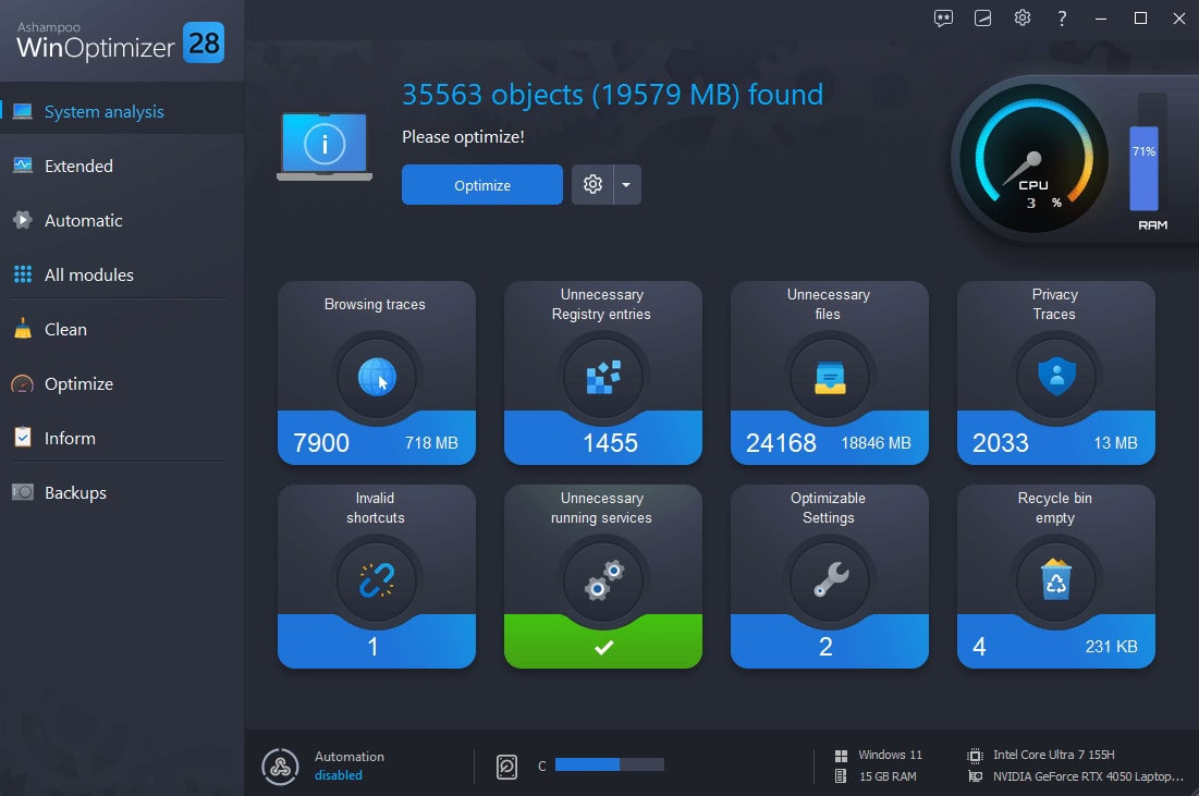 Screenshot Ashampoo WinOptimizer 28 - 1 PC - Licence perpétuelle 0