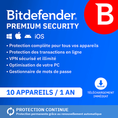 Bitdefender Premium Security - 10 appareils - Abonnement 1 an - Renouvellement automatique