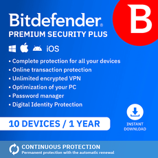 Bitdefender Premium Security Plus - 10 dispositivi - 1 anno - Rinnovo automatico
