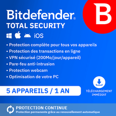 Bitdefender Total Security - 5 appareils - Abonnement 1 an - Renouvellement automatique