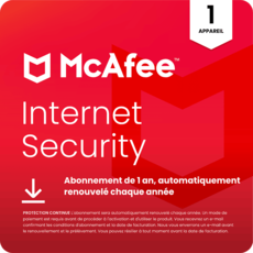 McAfee Internet Security - 1 appareil - Abonnement 1 an - Renouvelé automatiquement chaque année McAfee Internet Security - 1 appareil - Abonnement 1 an - Renouvelé automatiquement chaque année